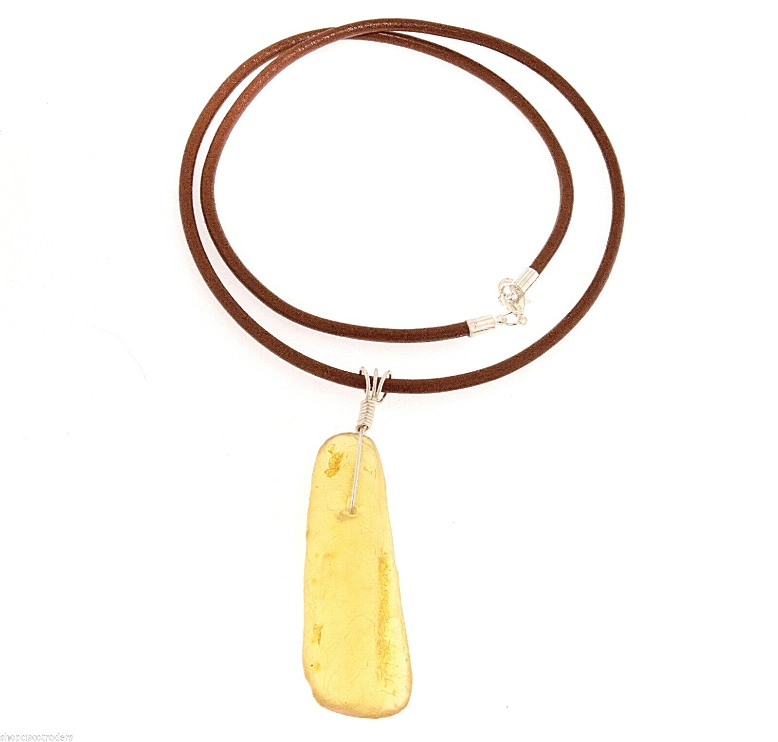 Copal Sterling Silver Wire Wrap Necklace Leather Cord Activates Crown Chakra