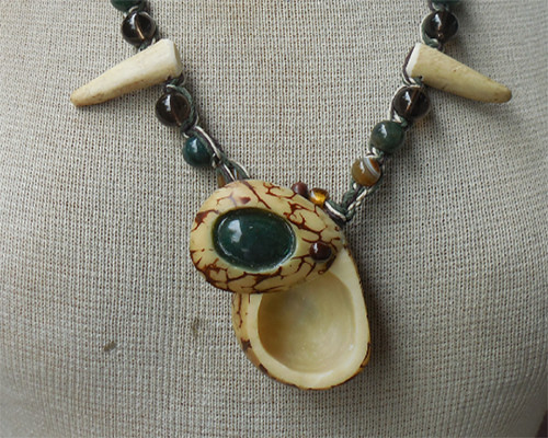 Green Jade Tagua Stash Adjustable Hemp Necklace w/ Elk Antler Tips Smoky Quartz
