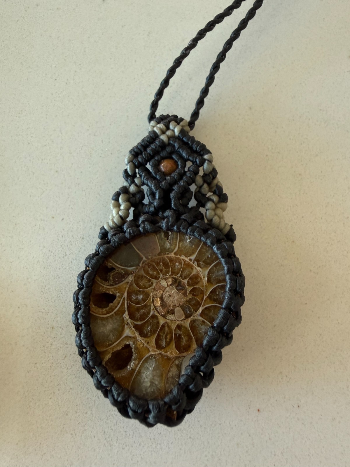 NEW Handcrafted Ammonite Fossil Pendant Woven Macrame Necklace
