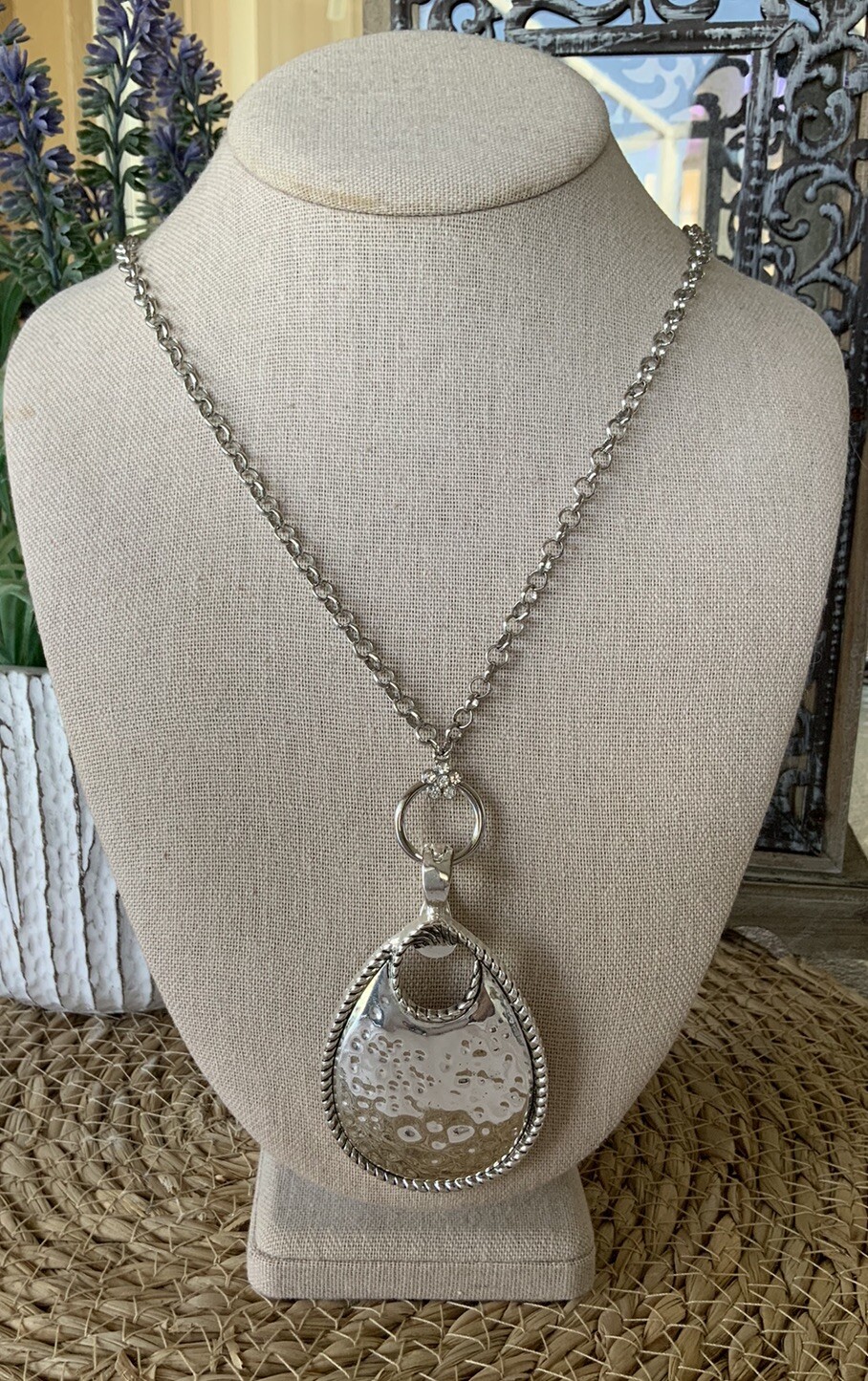 WEARABLE ART BY ROMAN silver toned bold tear drop Pendant magnetic  W/ 30” Chain