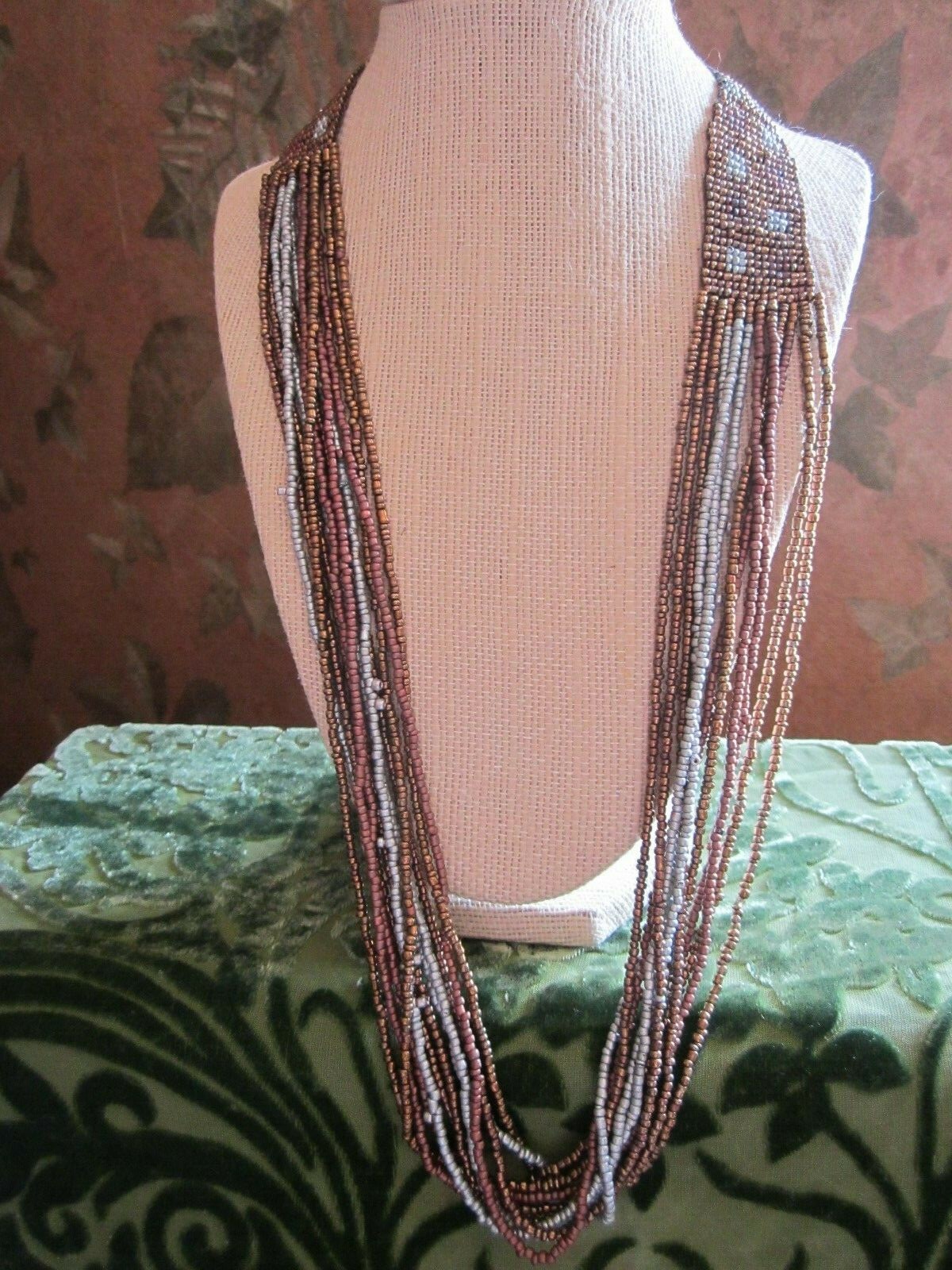 Vtg. Water Fall Multi Strand Seed Bead Necklace Brown Silver Purple 30″