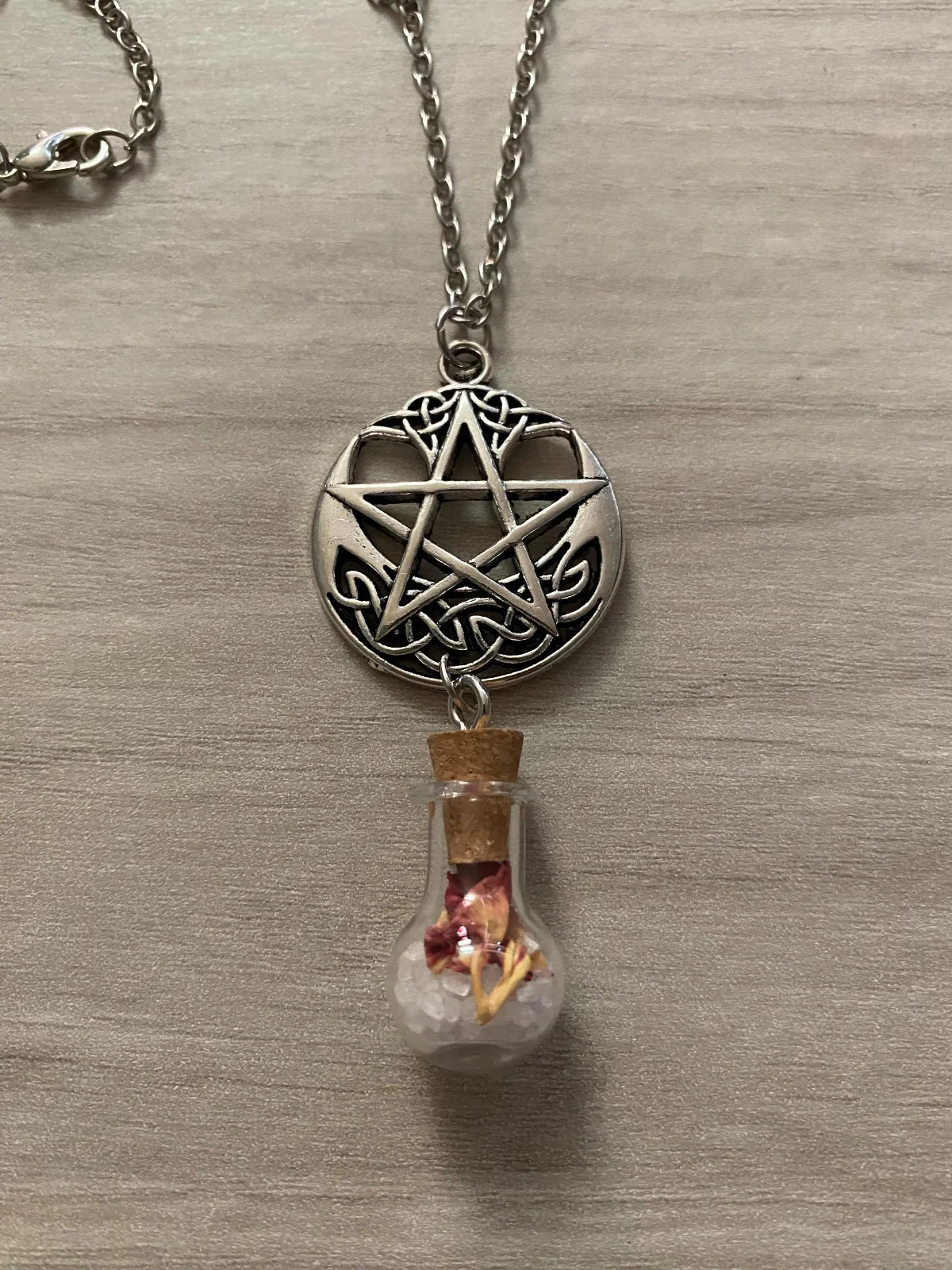 Pentacle Necklace Vial of Salt and Carnation Petals Love Protection
