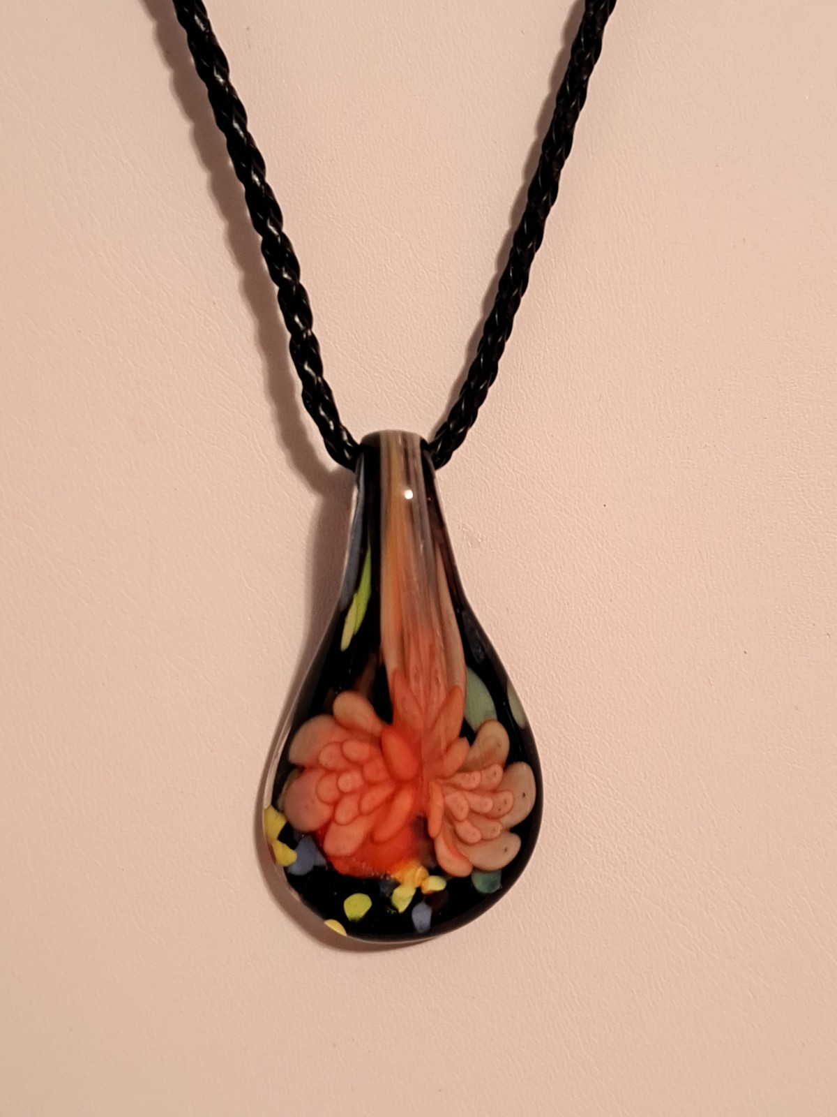 Art Glass Orange Flower Pendant Necklace Teardrop Shaped Murano Inspired