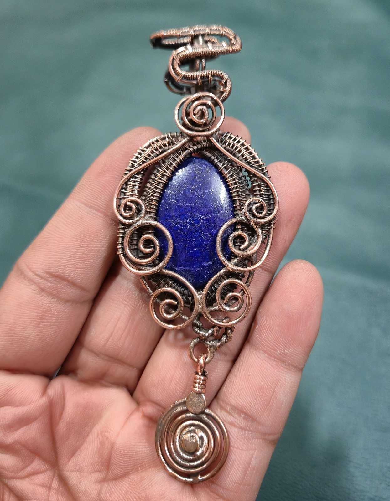Lapis Lazuli Wire Wrapped Pendant Copper Handmade Statement Gemstone Jewelry