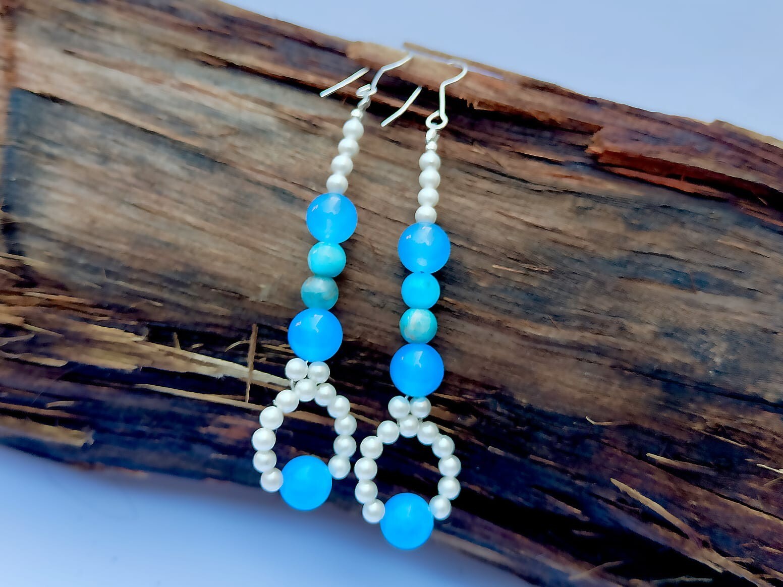 Pearls & Sky Blue Topaz Gemstone 21 inch Fancy Necklace with Earrings. Nk-007