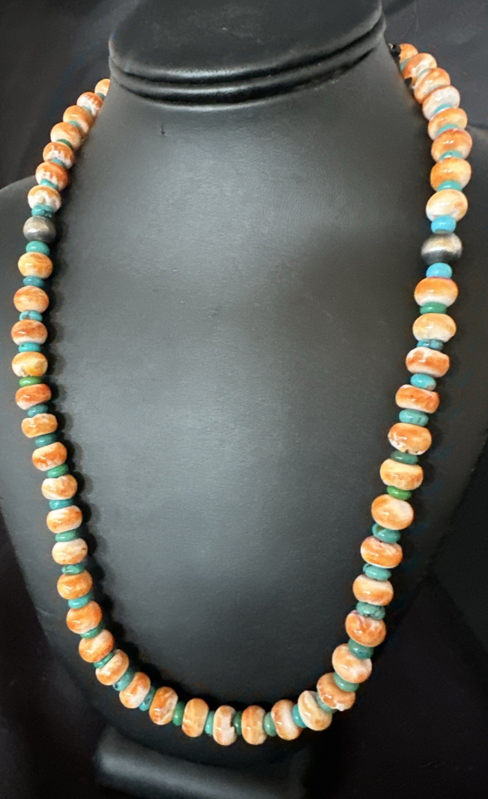 Orange Spiny Oyster Turquoise Navajo Sterling Silver Beads 22” Necklace 19164