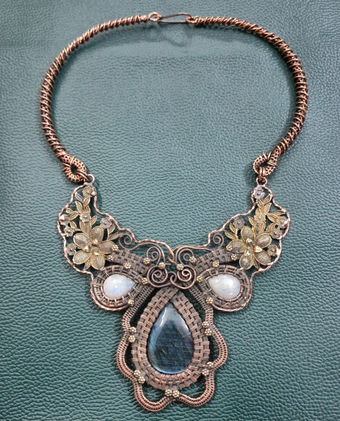 Flashy Labradorite & Moonstone Necklace Copper Wire Wrap Jewelry Gift For Wife