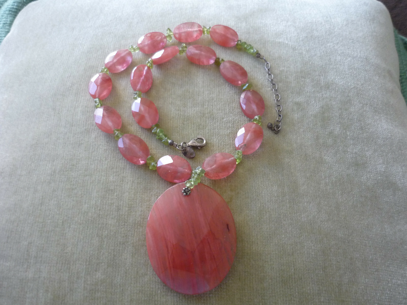 GORGEOUS WATERMELON COLORED GLASS NECKLACE, ADJUSTABLE, SIGNED SX925