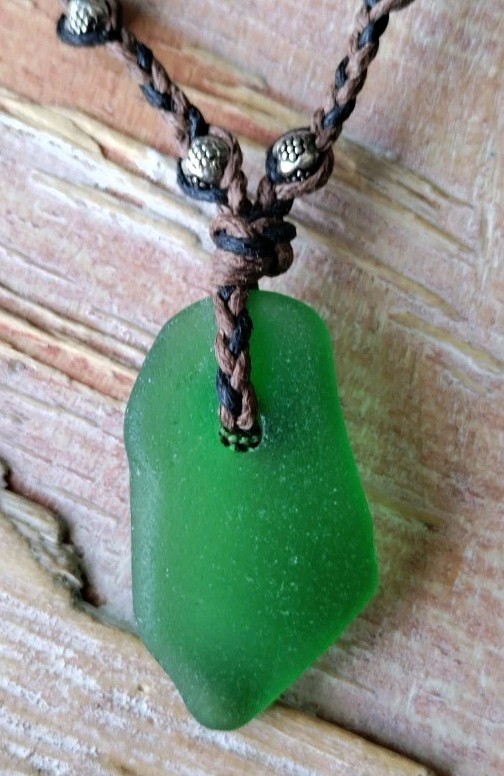 Green Sea Glass Necklace Gift Men Women Artisan Cotton Braid Handmade