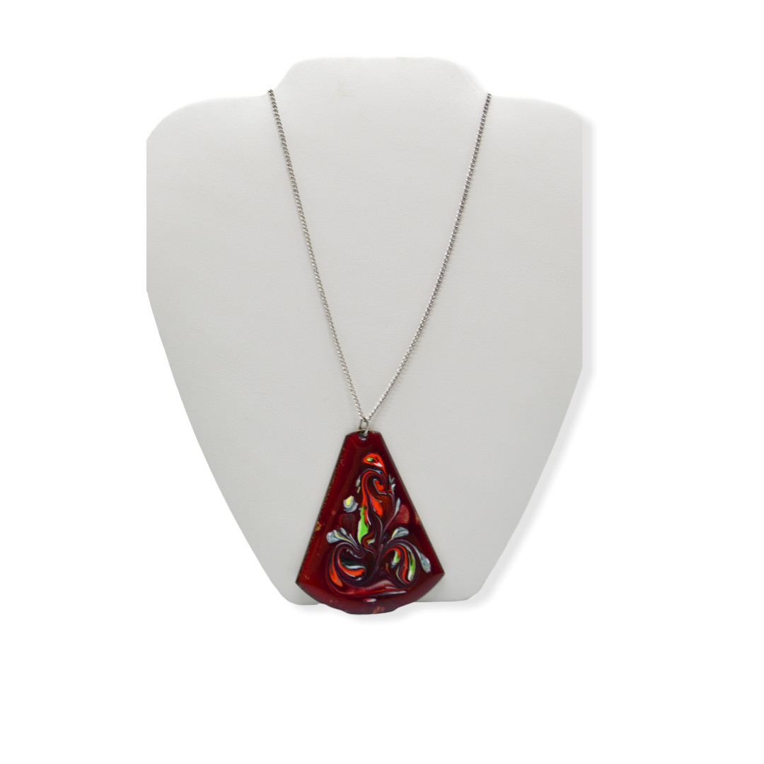 Large Artist Signed Enamel Over Copper Red Green Swirl Pendant Necklace