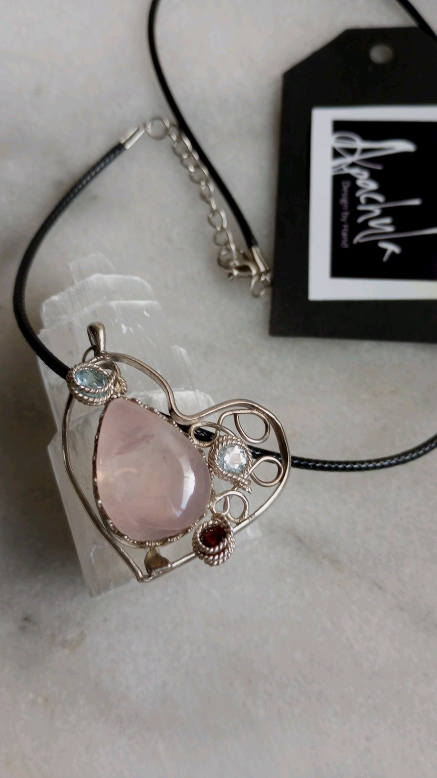 Bohemian S925 Heart Rose Quartz Pendant w/ Gem accents w/ cord Necklace