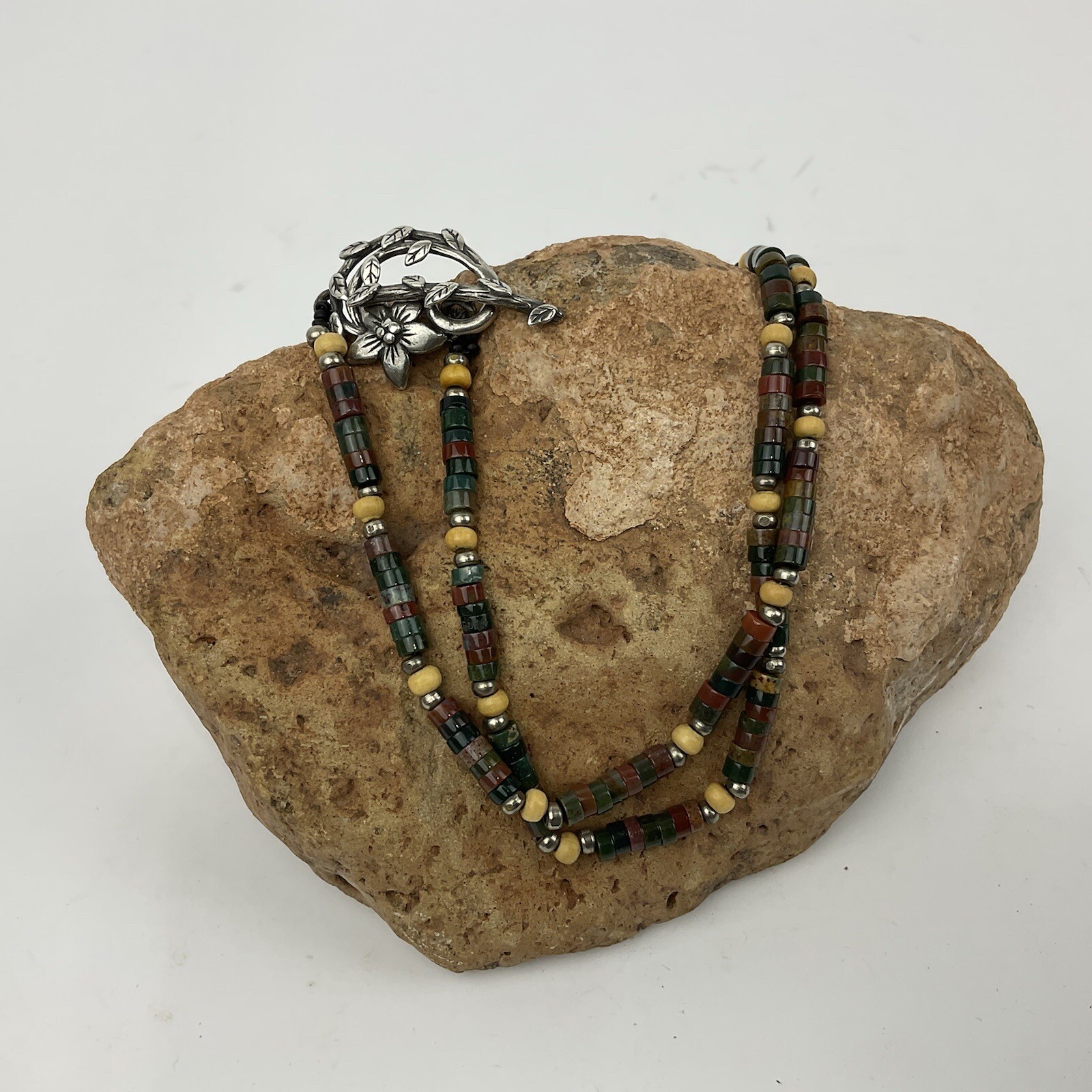 Artisan PE Heishi Stone & Sterling Bead Necklace Flower Vine Toggle Boho 20”