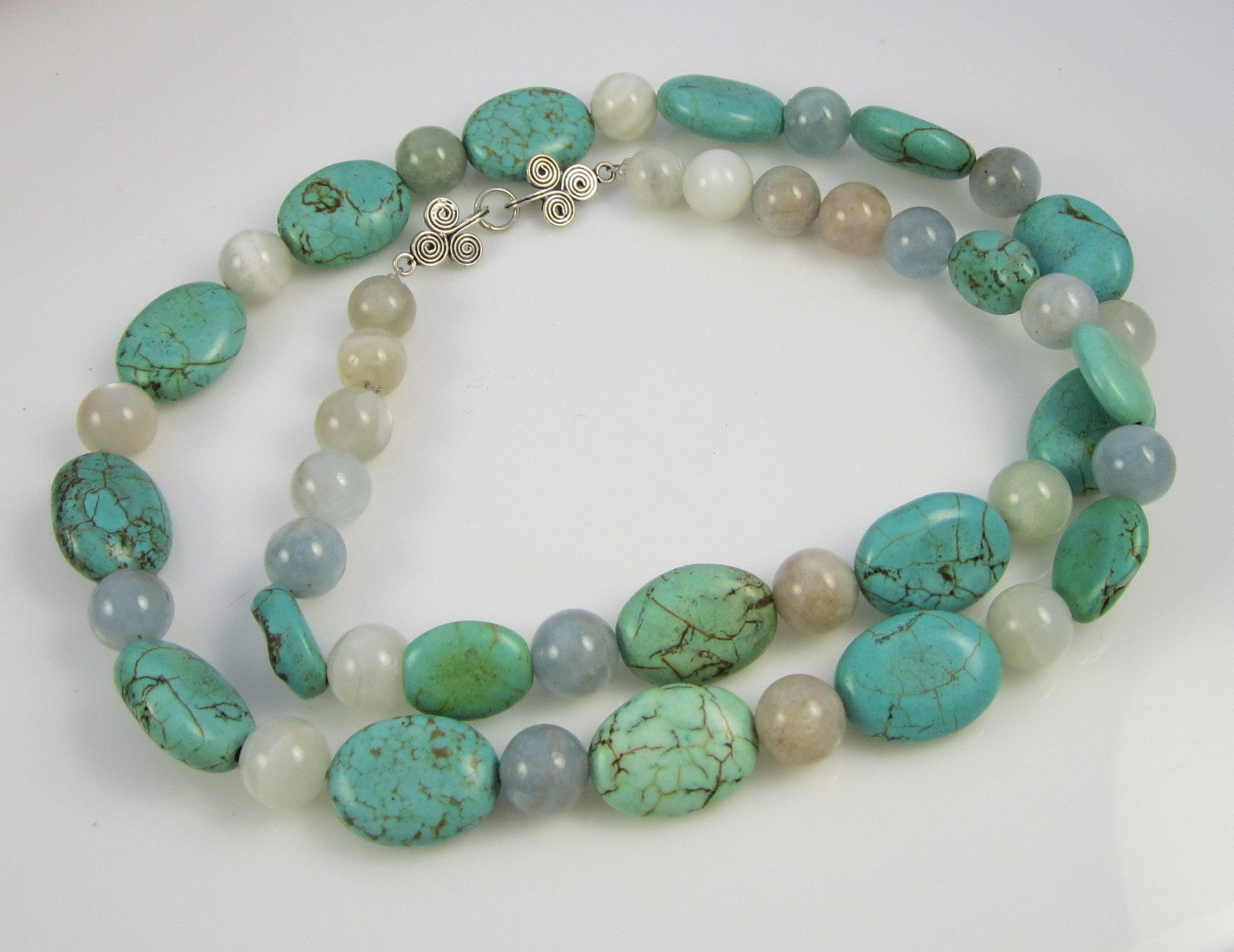 Vintage Estate Sterling Silver Gray Moonstone Turquoise 26 Inch Bead Necklace