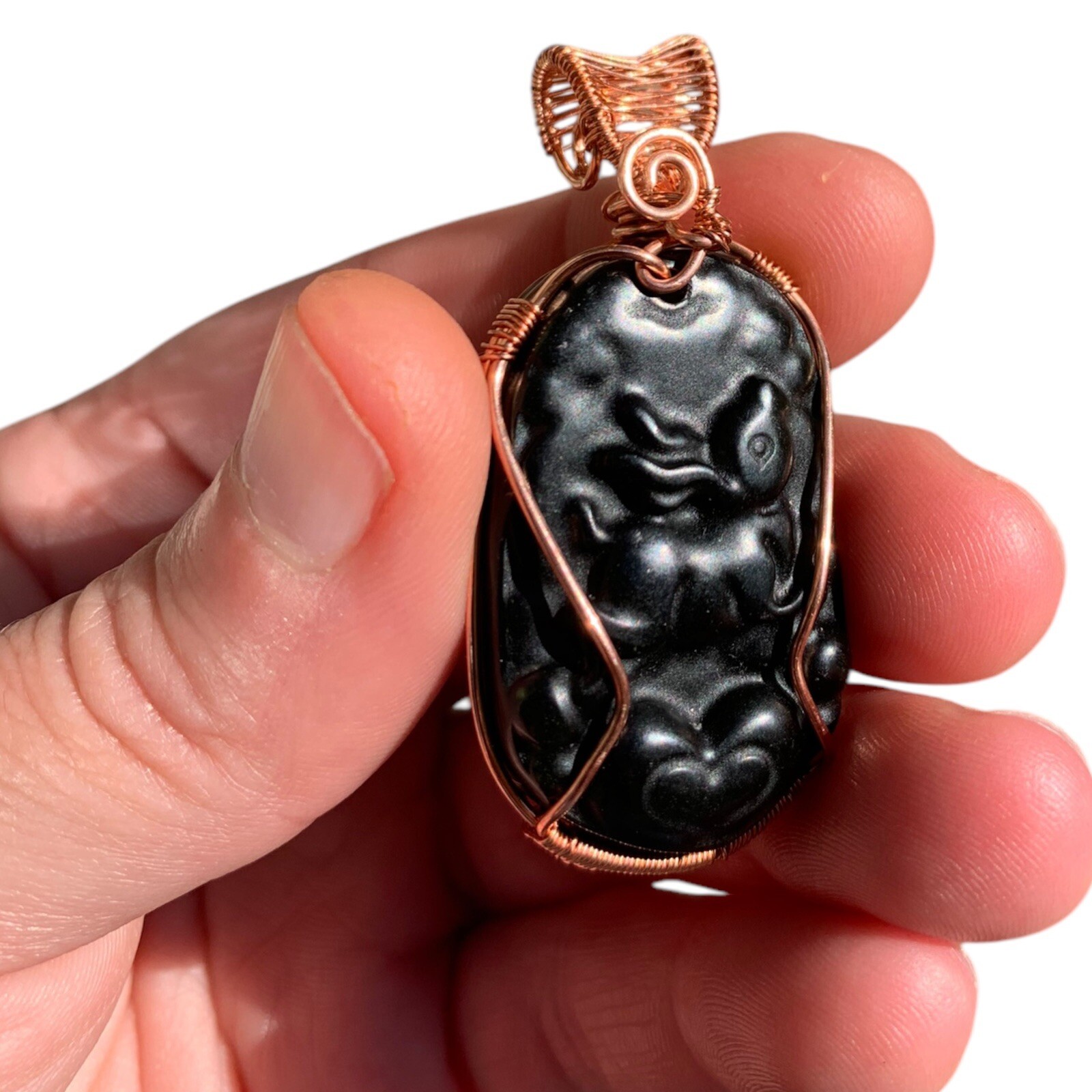 Black Green Jade Necklace Chinese Zodiac Copper Wire Wrap Pendant Animal Jewelry