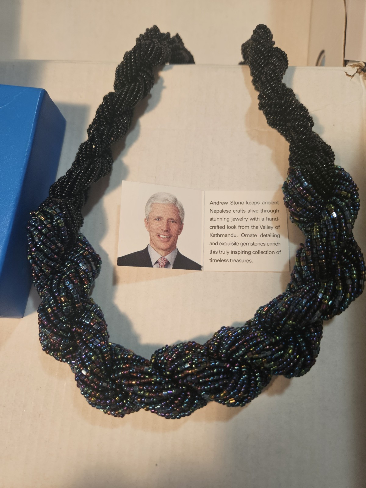 Himalayan Gems Andrew Stone Twisted Peacock Iridescent Seed Bead Necklace NEW