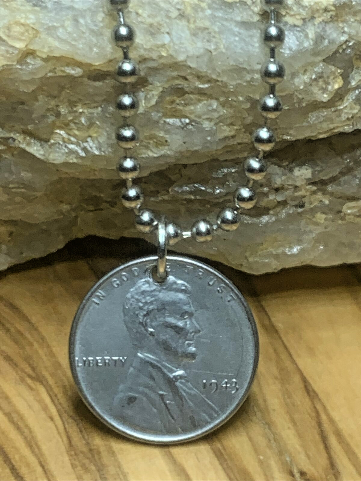 US WW II 1943 Steel Penny Coin Necklace LINCOLN WHEAT STEELIE. A1