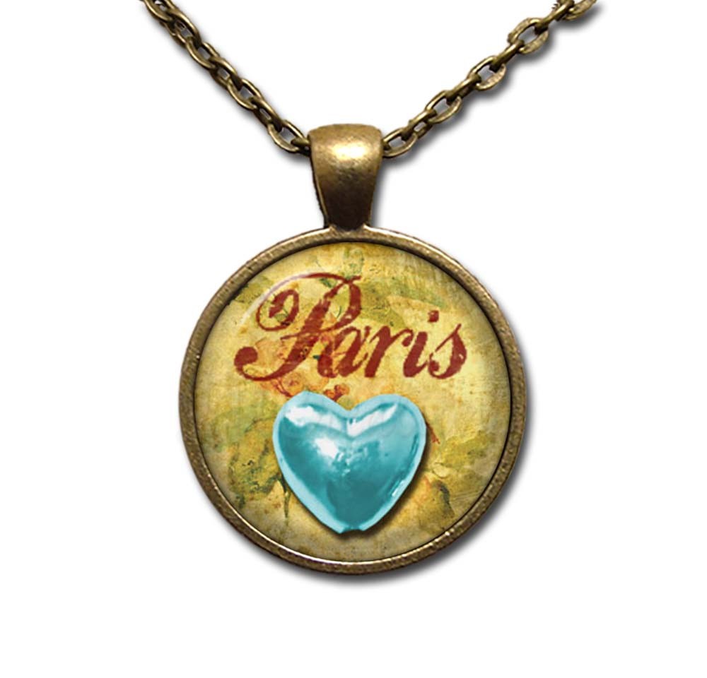 Blue Heart Love Paris Romance – Handmade ROUND Glass Pendant Necklace