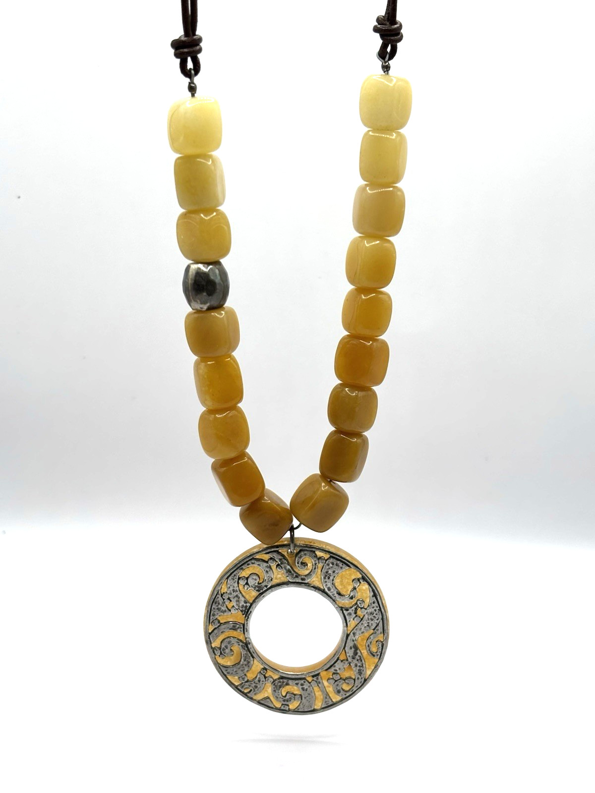 Beautiful Yellow Jade 18 Inch Necklace With A Leather Strap & Lobster Clasp