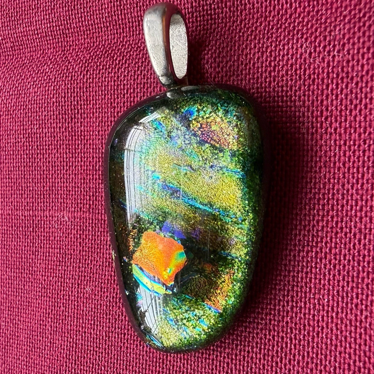 Dichroic Glass Pendent Sparkling Green Purple Orange Iridescent Handmade