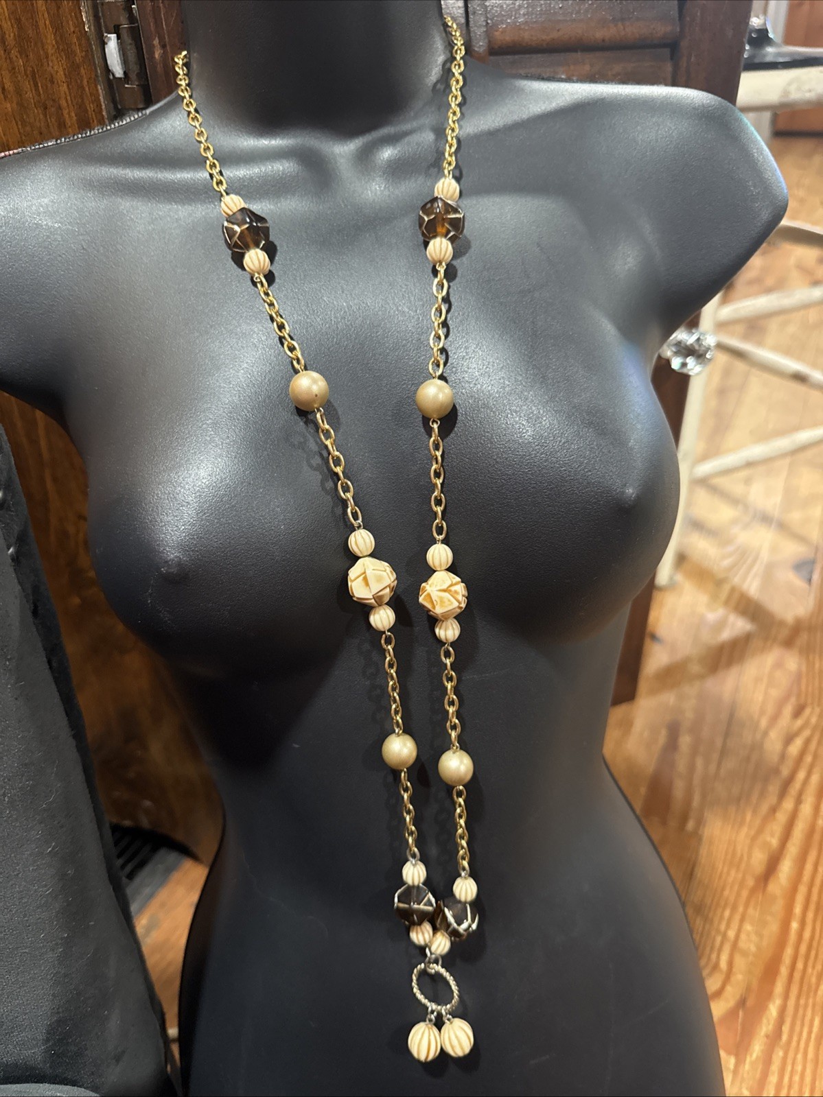 Vintage Necklace Beaded Root Beer Beige Tan Crystal Station Statement Necklace