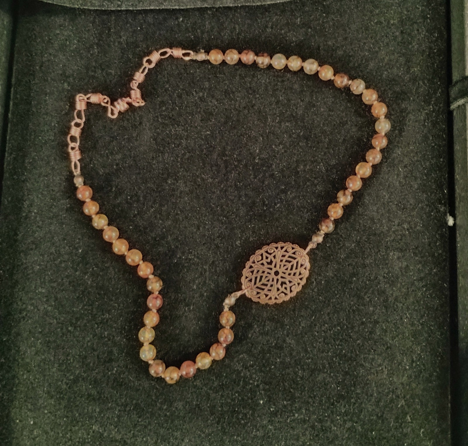 Artisan crafted, 18”coffee vein agate on knotted silk with copper filigree focal
