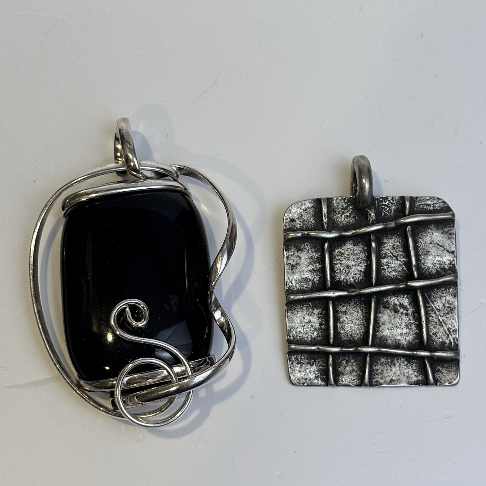 Artisan Pendants Mixed Wire-Wrapped Black Glass Cabochon & Textured Square Metal