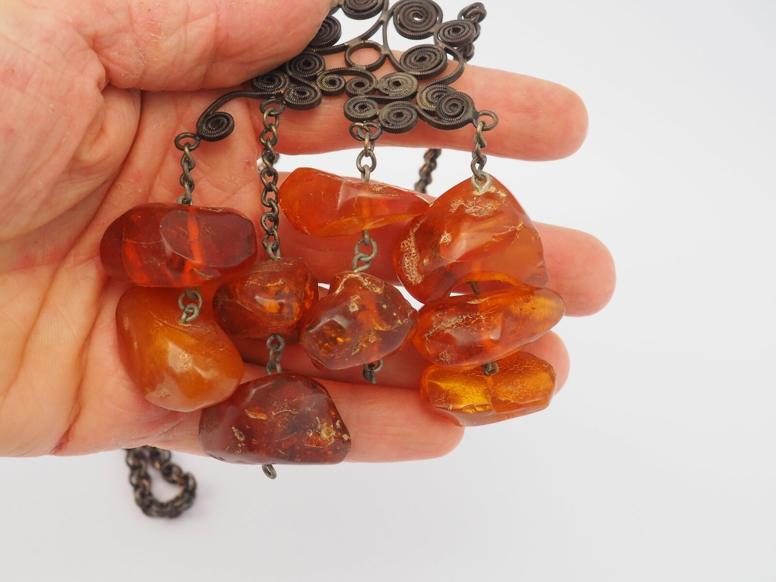 Vinage handmade ethnic genuine Baltic Amber long copper chain ornate necklace
