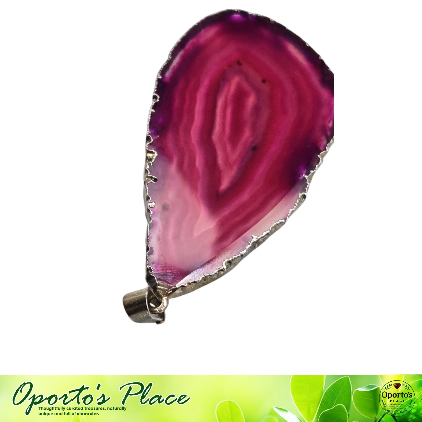 Pink Magenta Natural Agate Slice Pendant Boho Style Silvertone Border