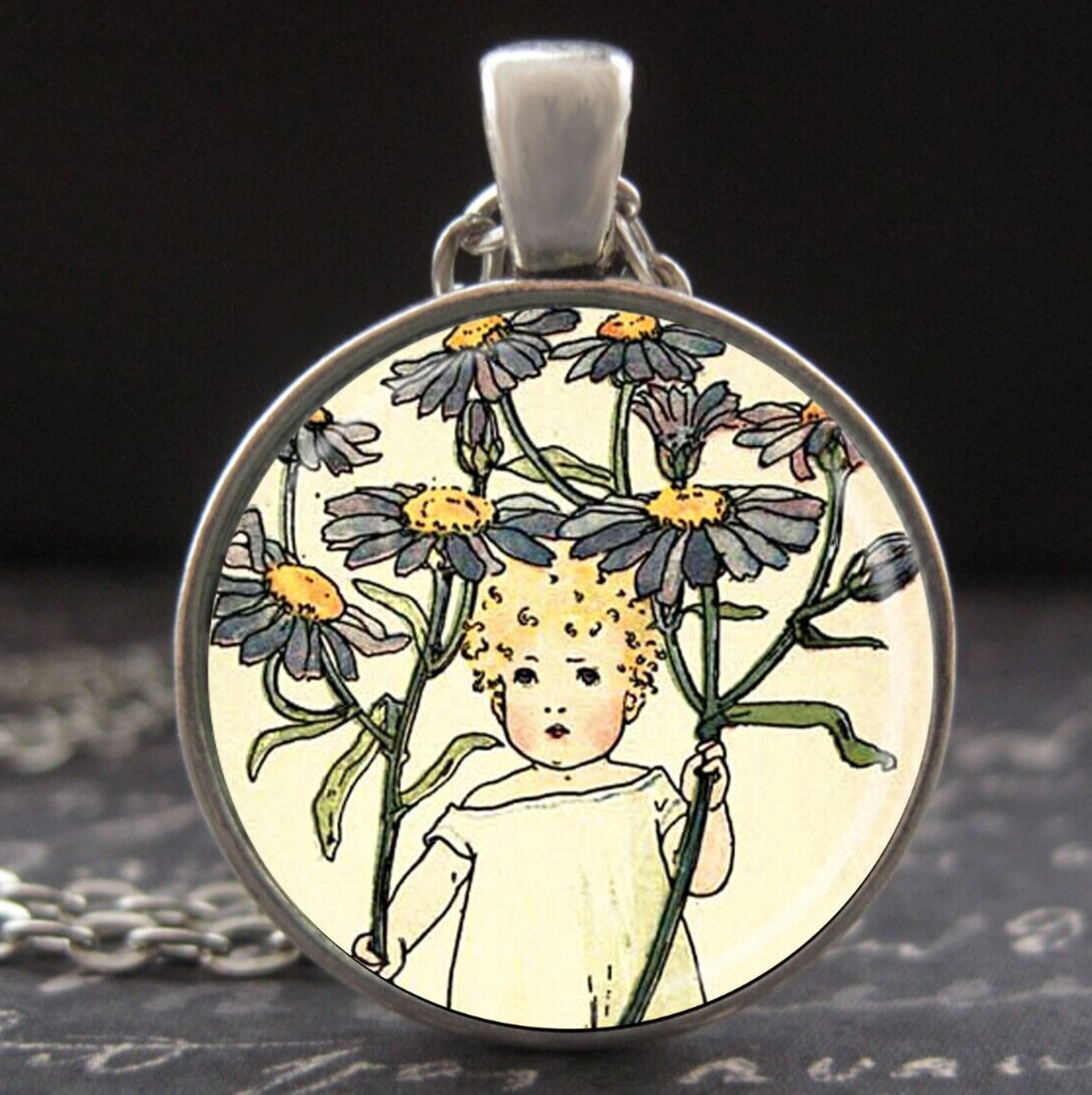 Michaelmas Daisy Necklace 1901 Edwardian Fairy Flower Children Art Aster Pendant