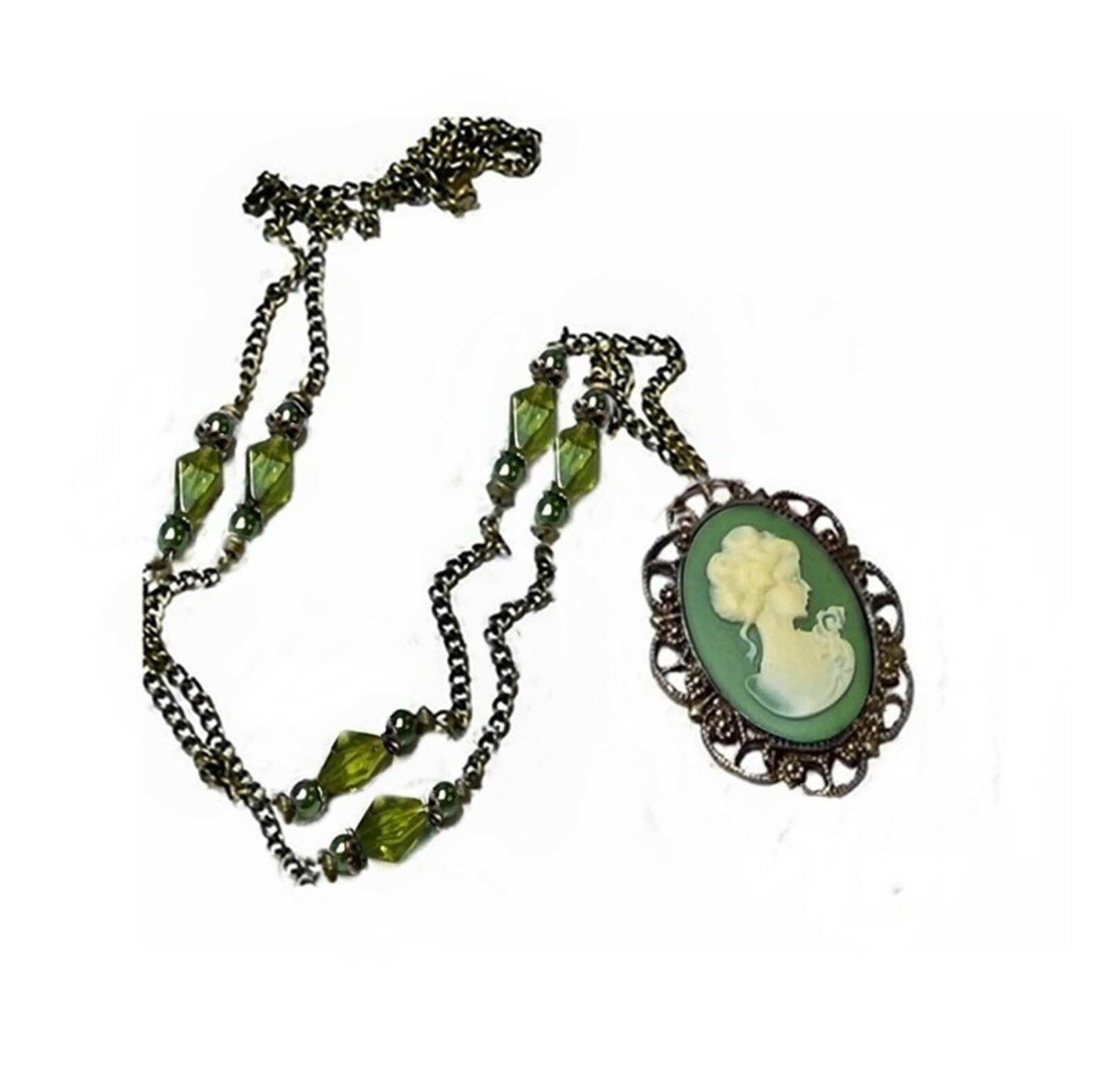 Green cameo long vintage style necklace with pearls optional earrings