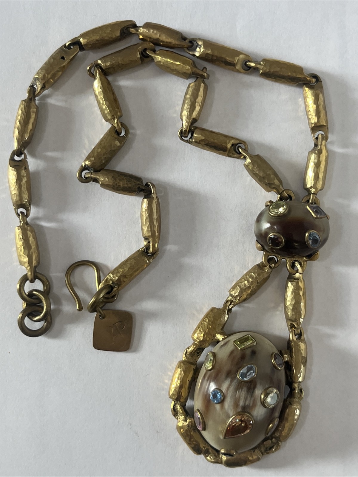 Ashley Pittman Signed Necklace AP Kenya Brass Gemstones Cabochons Statement 18+”