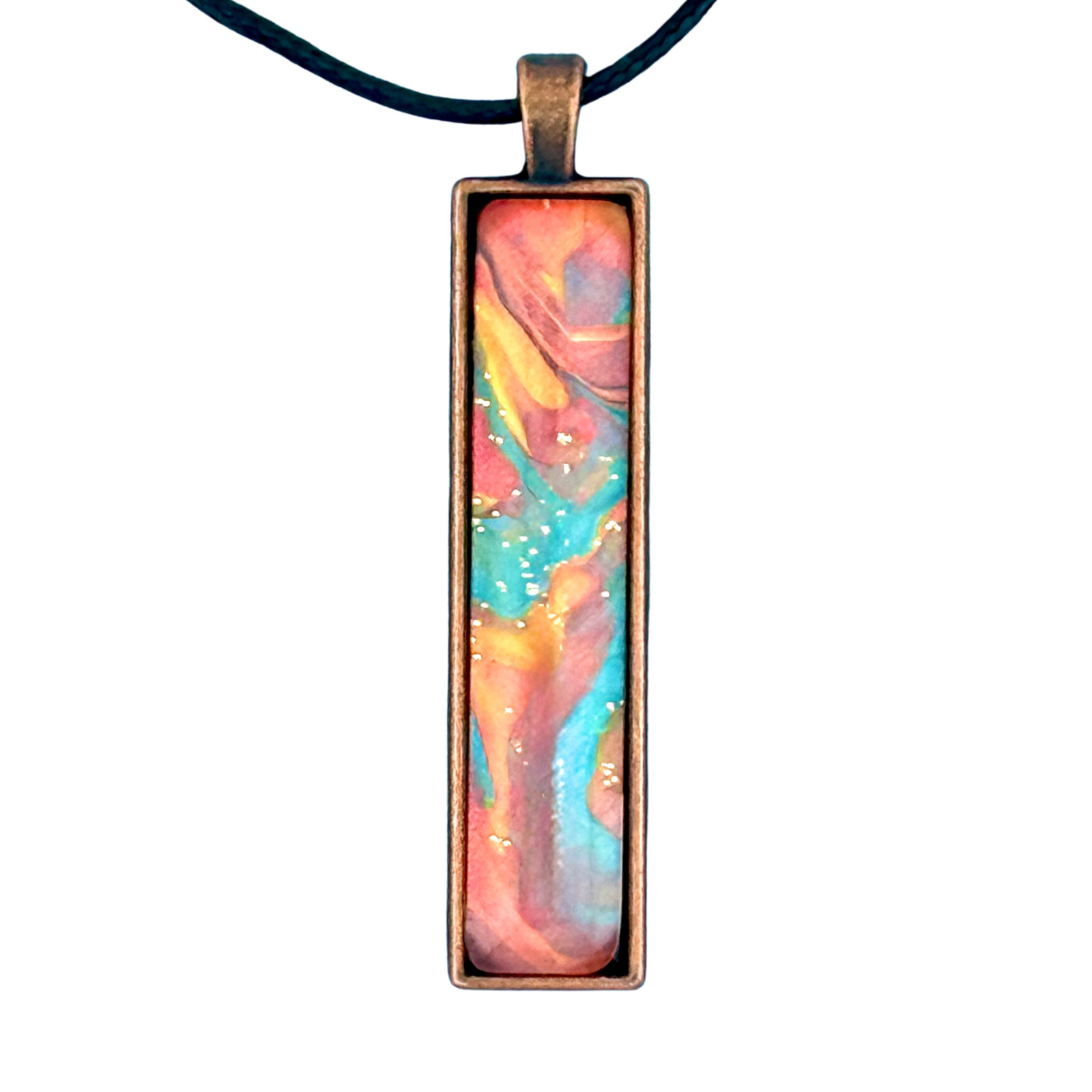 Handmade Pendant Necklace “Sparkly Mountain Stream” Copper Bezel Black Cord