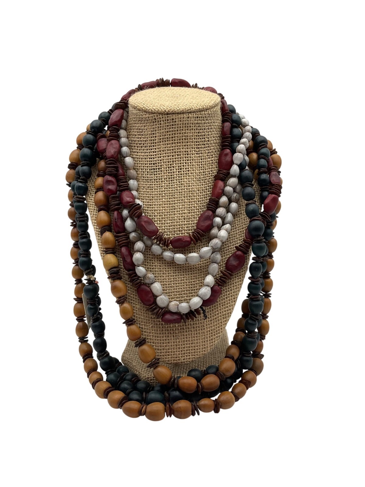 New Artisan Handmade Bundle 4 Wooden Seeds Long Necklace Set Earthy Boho Rustic