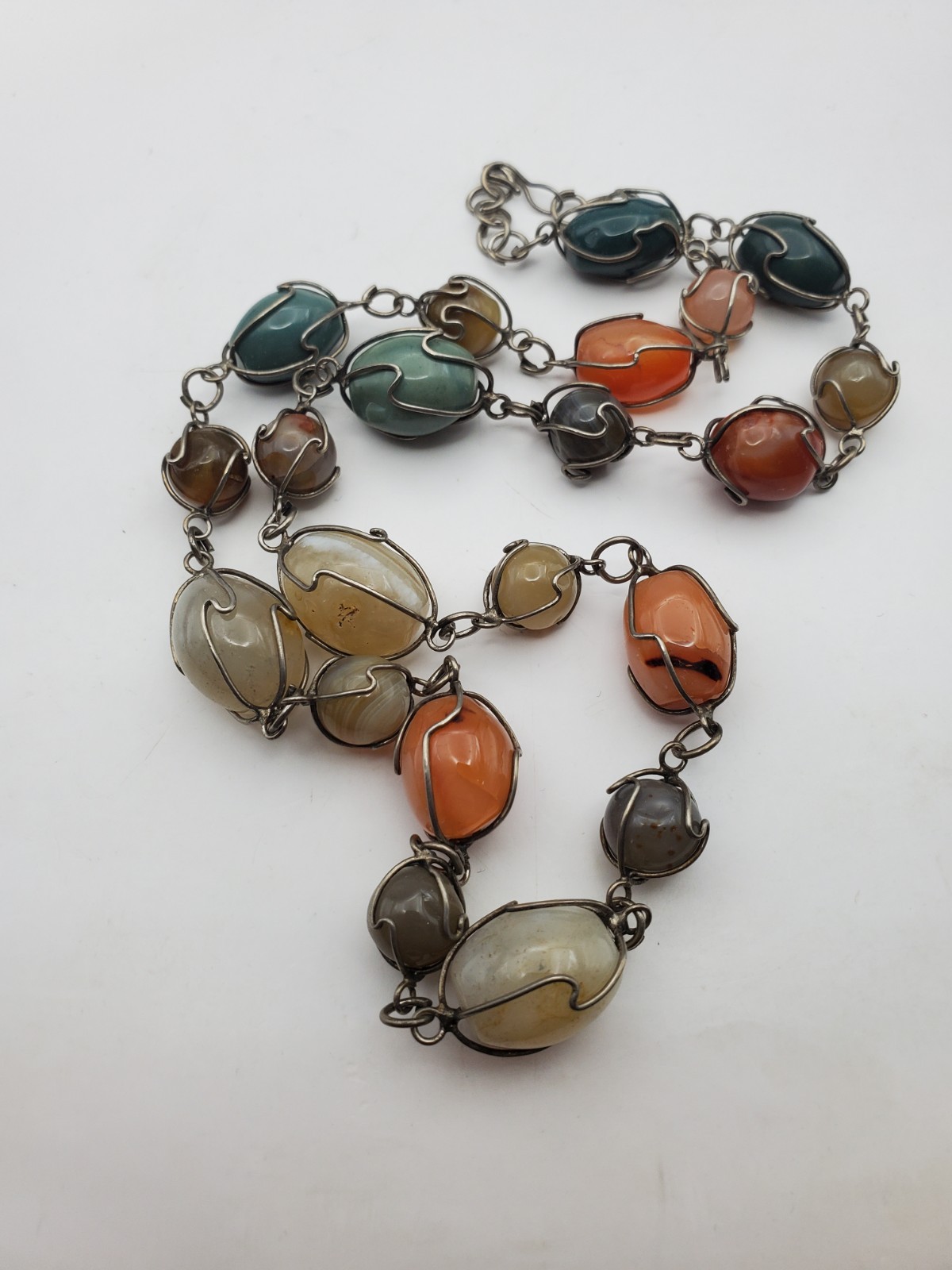 Vtg Caged Natural Stone Necklace Various Semi-precious stones Bead Necklace 23″