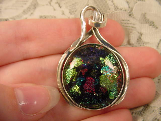 (#D-214-A) DICHROIC Fused GLASS SILVER Pendant PURPLE red GREEN SHIMMER SPARKLE