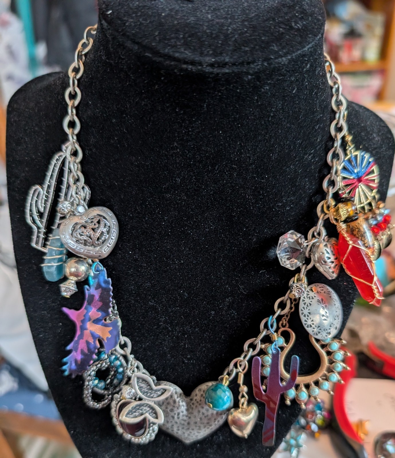 Up-cycled Necklace Desert Heart Repurposed Earring Charms 16″