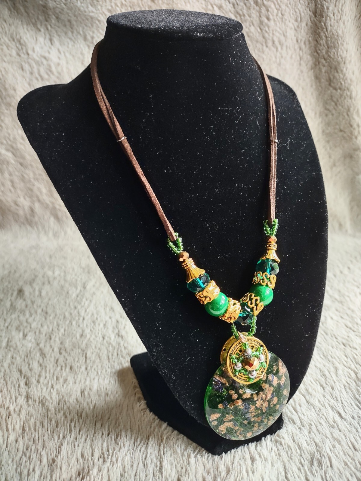 AFRICAN Made Leather Pendant Necklace Green/Gold Colored Product of Kenya