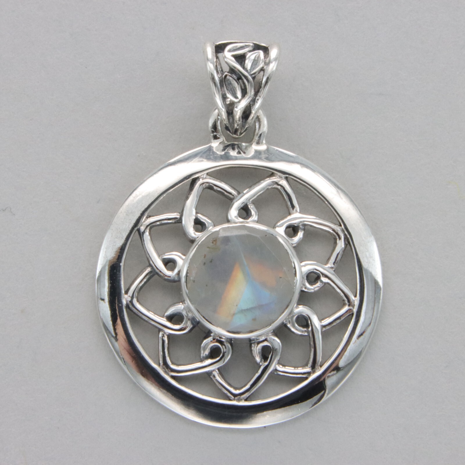 Rainbow MOONSTONE Round Circle Pendant 925 STERLING SILVER Natural Gemstone #40e