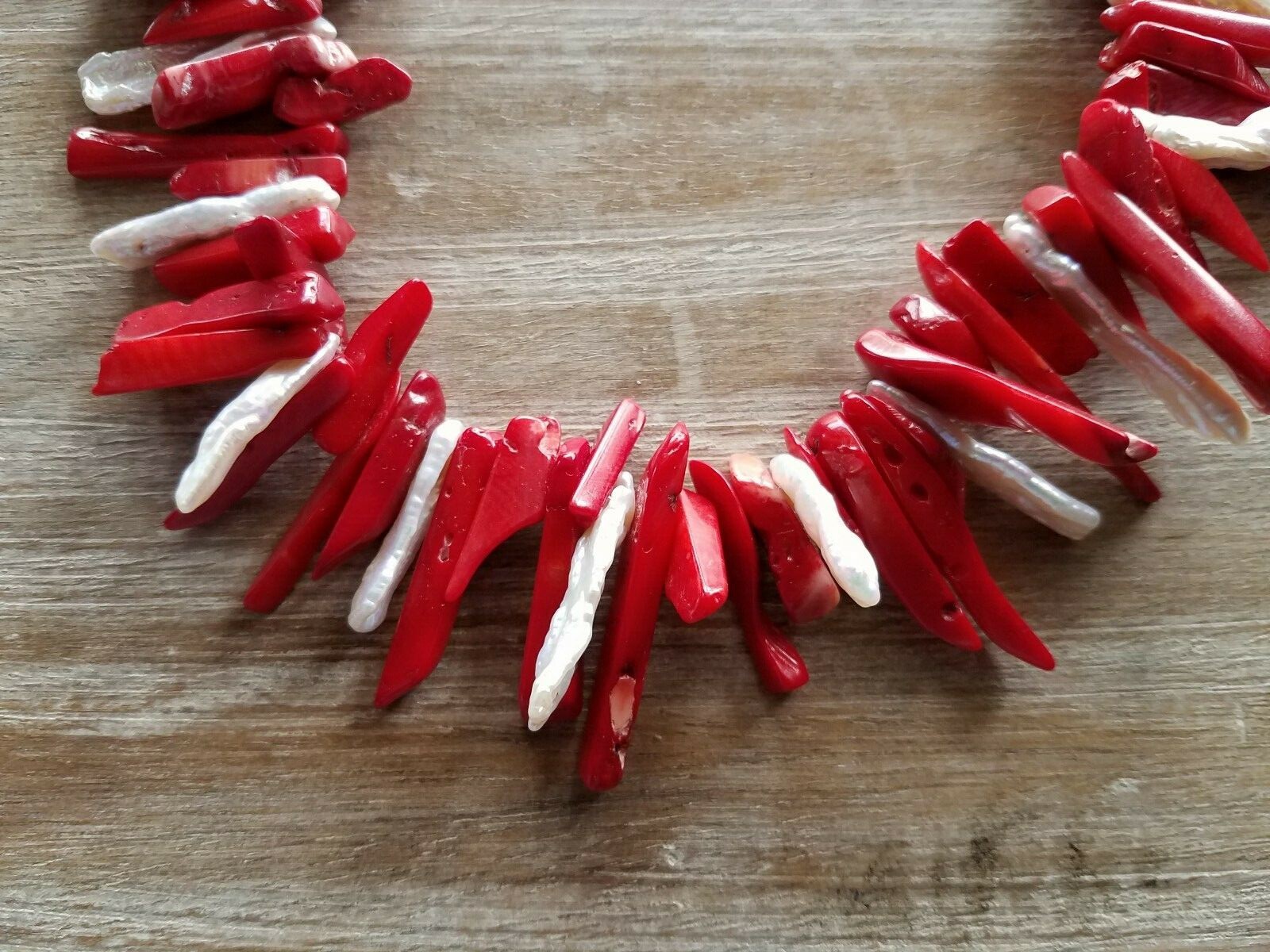 Chunky Dyed Red Bamboo Coral Freshwater Pearl Spikes Strand Necklace 20.5″