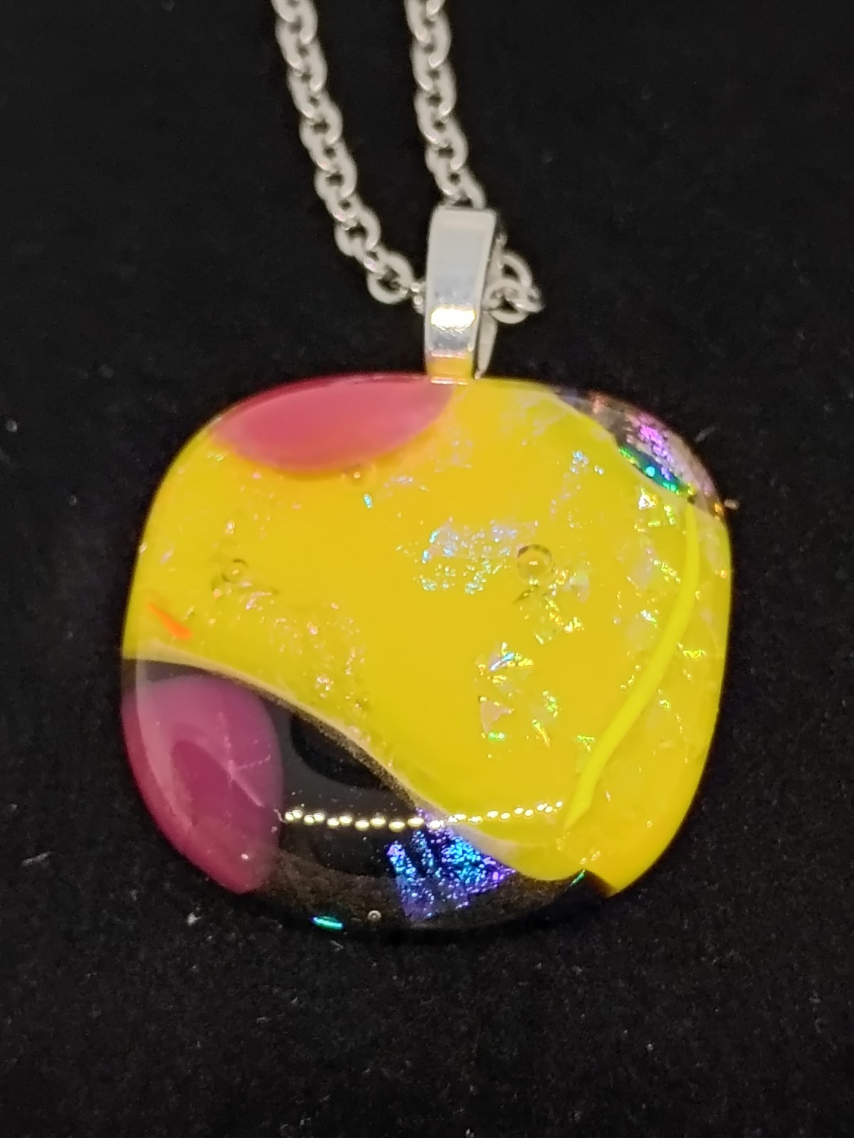 Hand Crafted Dichroic Fused Glass Pendant W/Chain #1430 Yellow Purple