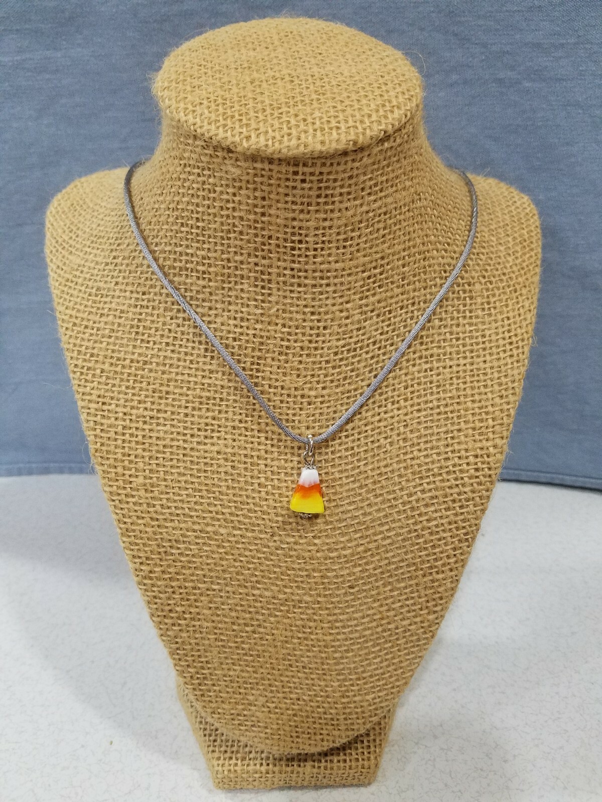 Candy Corn Pendant Necklace 16″ Satin Cord Halloween Harvest Fall Autumn Adjusts