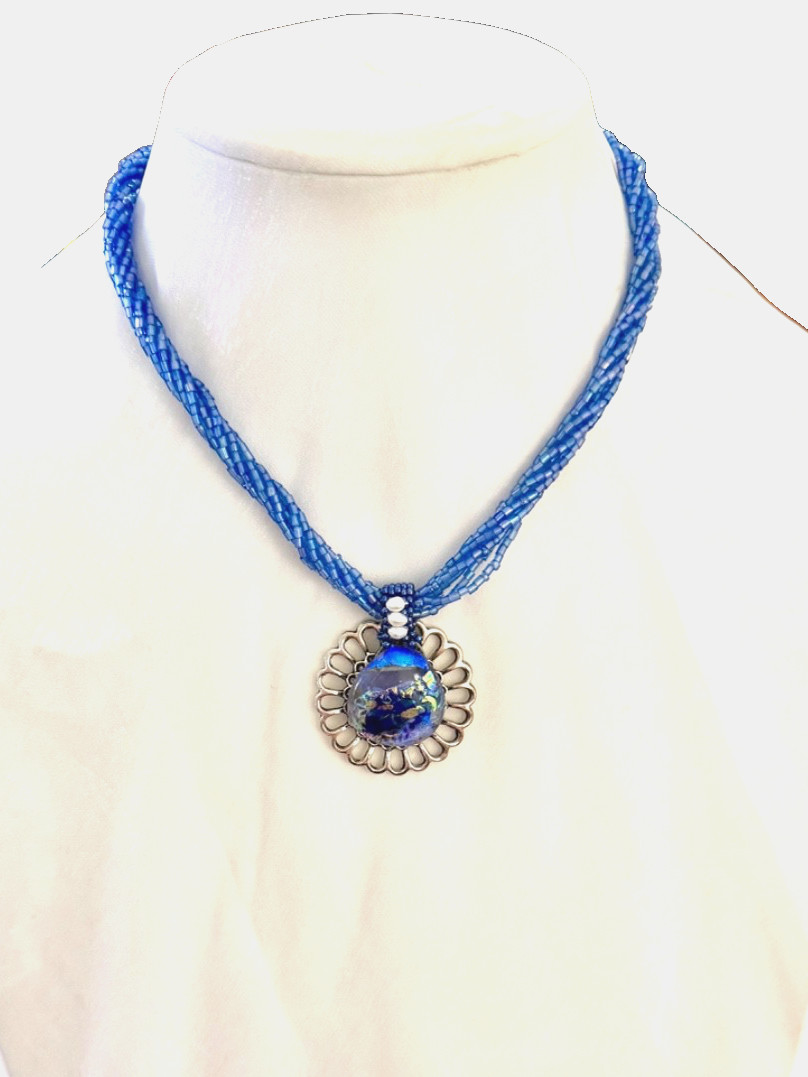 Dichroic Fused Glass Freshwater Pearl and Kumihimo Blue and Periwinkle Necklace
