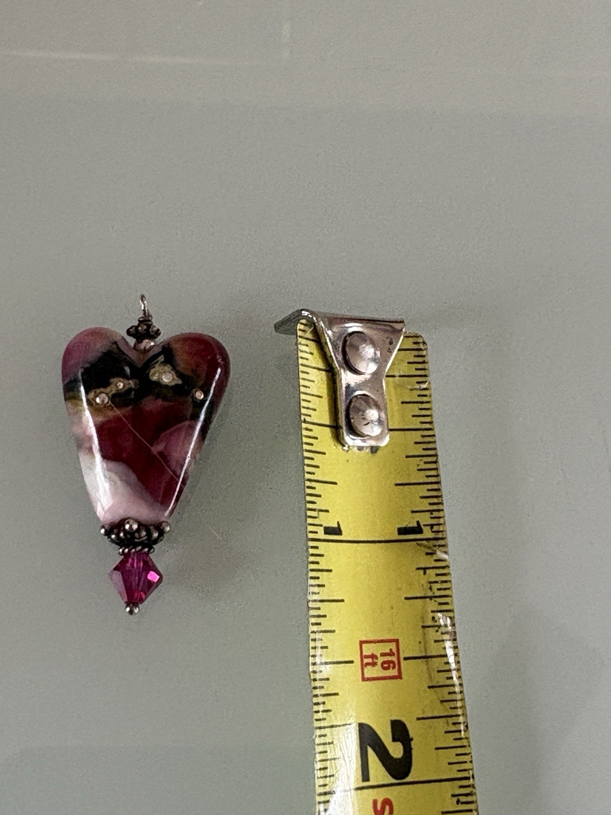 Vintage Artist Made Lamp Work Glass Heart Pendant Hot Pink Sterling 1.25”