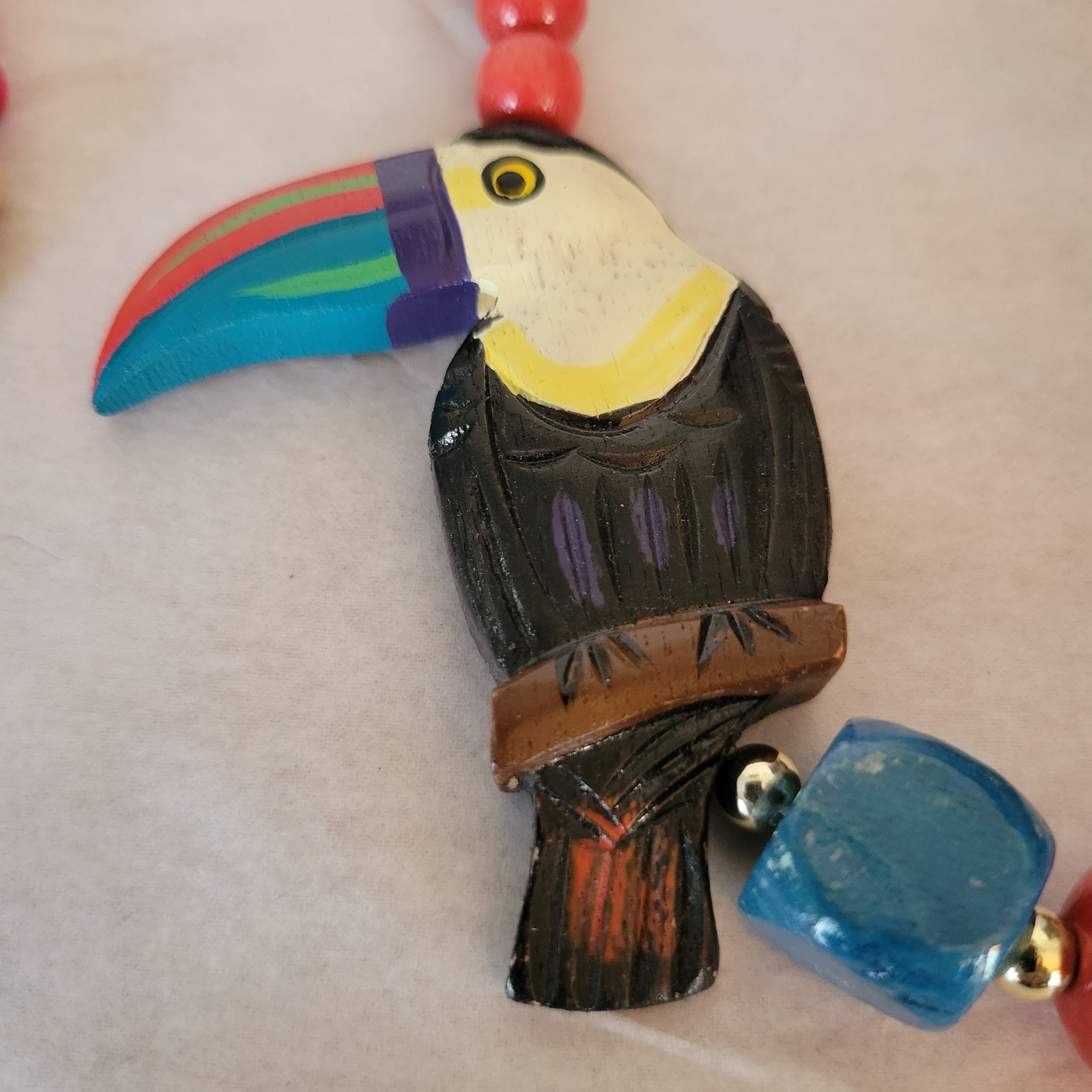 Colorful Island Necklace Hand Painted Wooden Toucan Beads 28 in.