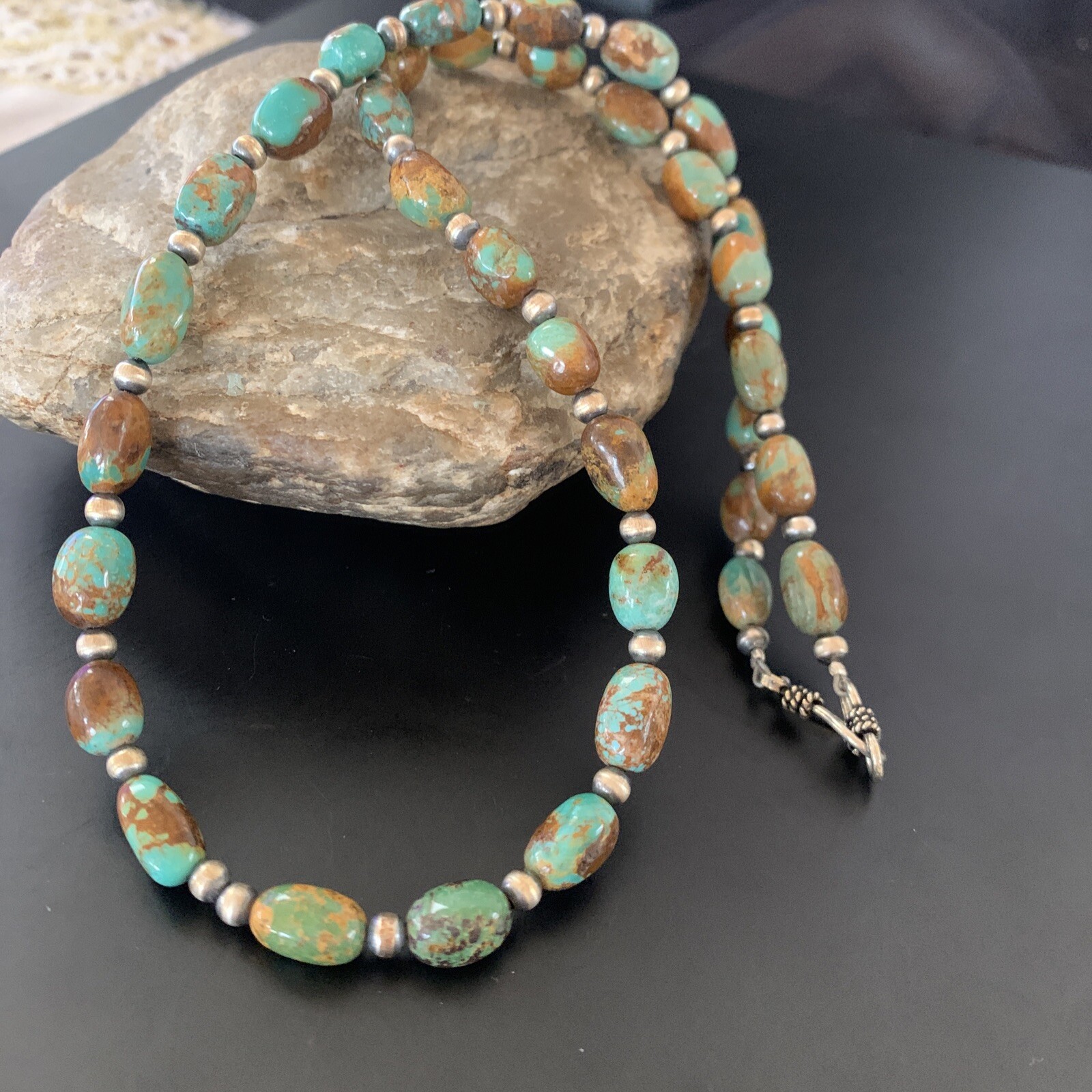 Green Royston Turquoise Bead Navajo Sterling Silver Beads Necklace 11465