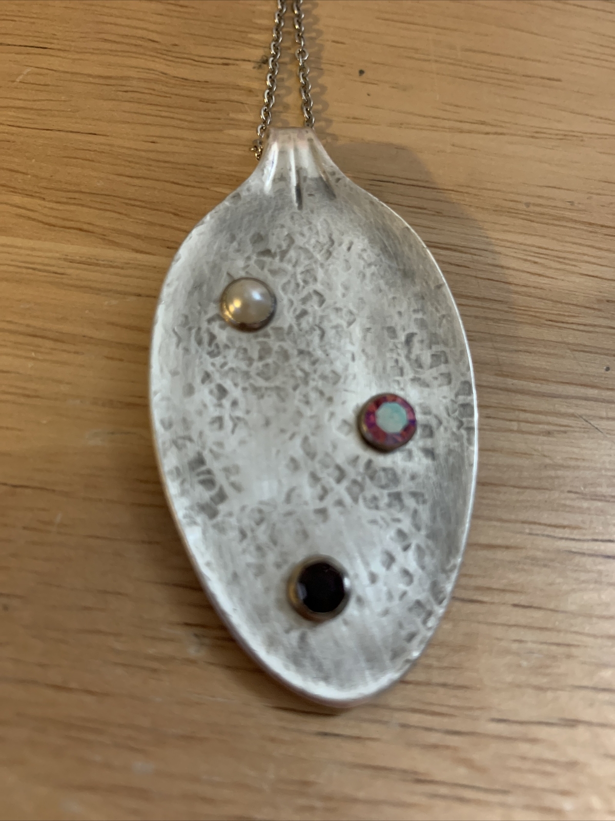 Vintage Silver Plated Spoon Bowl Pendant With Crystals On Stainless Neck Chain