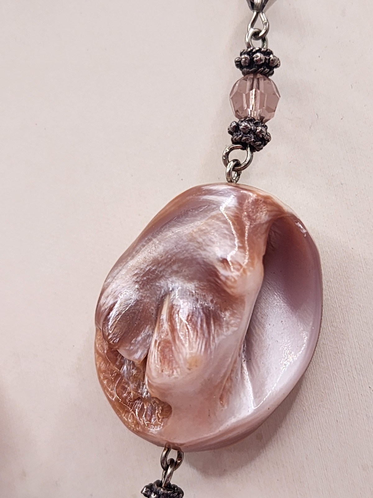 Vintage Artisan Crafted Large MOP Shell With Pink Fauceted Crystal Pendant