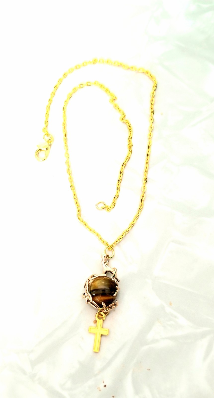 12mm Solitaire Tigers eye Necklace With Tiny Cross– Handmade