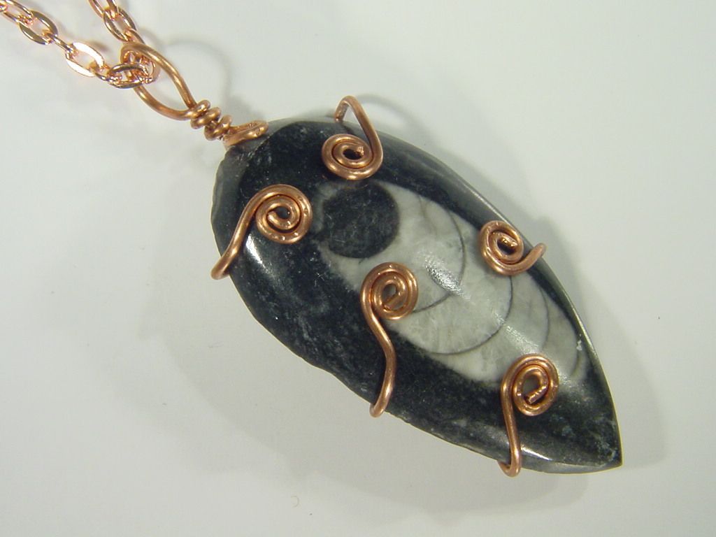 BUTW Copper Wire Wrapped Orthoceras Nautiloid 24mm X 64mm Pendant Necklace 3551D