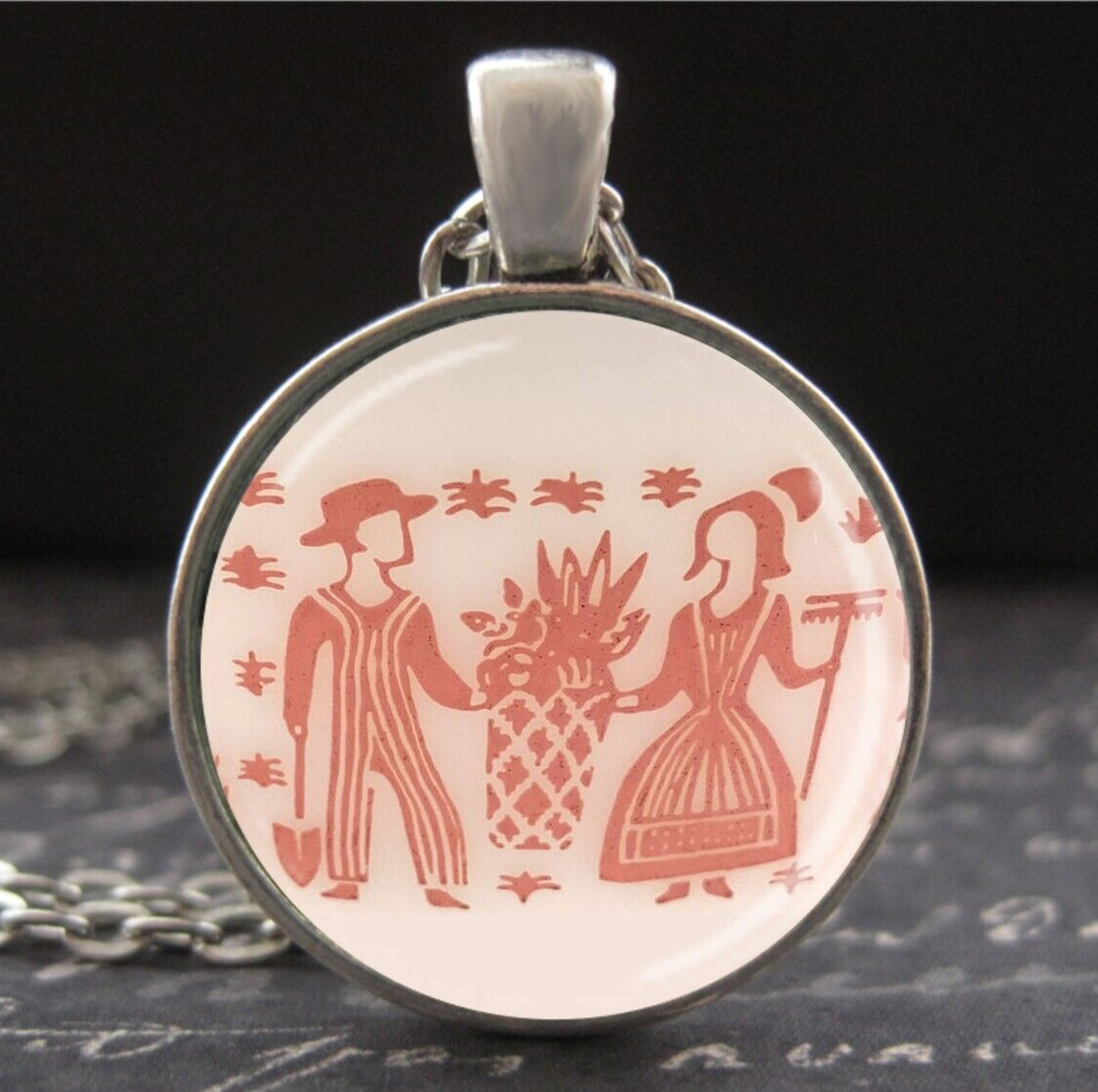 Pyrex Pink Amish Butterprint Necklace Retro Art Photo Charm MCM Pattern Jewelry